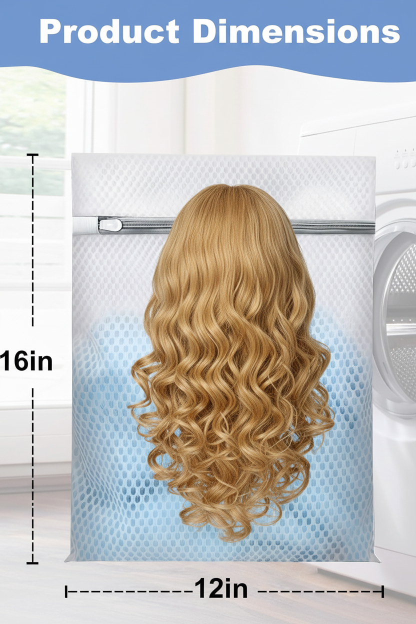 Curly lace front wig inside mesh wash bag next to washing machine